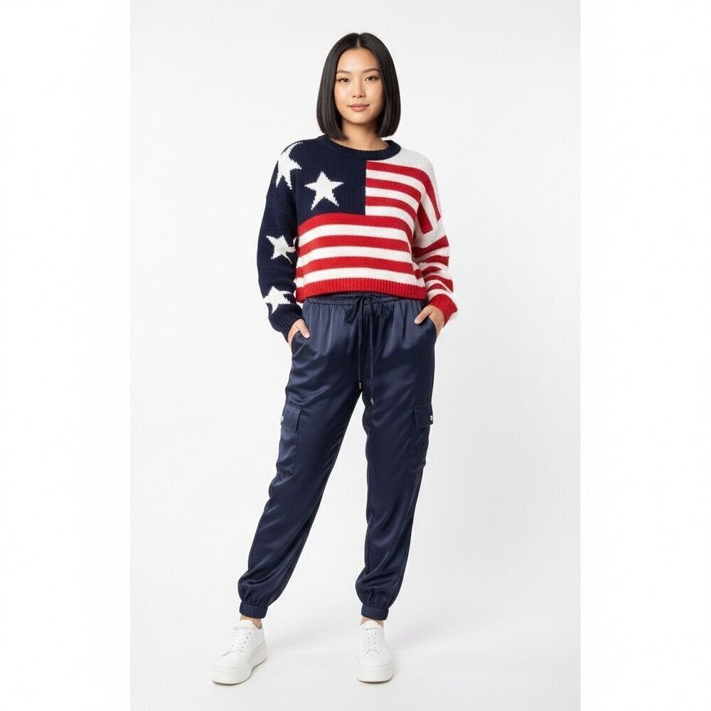 Joie Womens Luxe Utilitarian Cargo Satin Y2K Revival Pants Sz LARGE Navy Silk